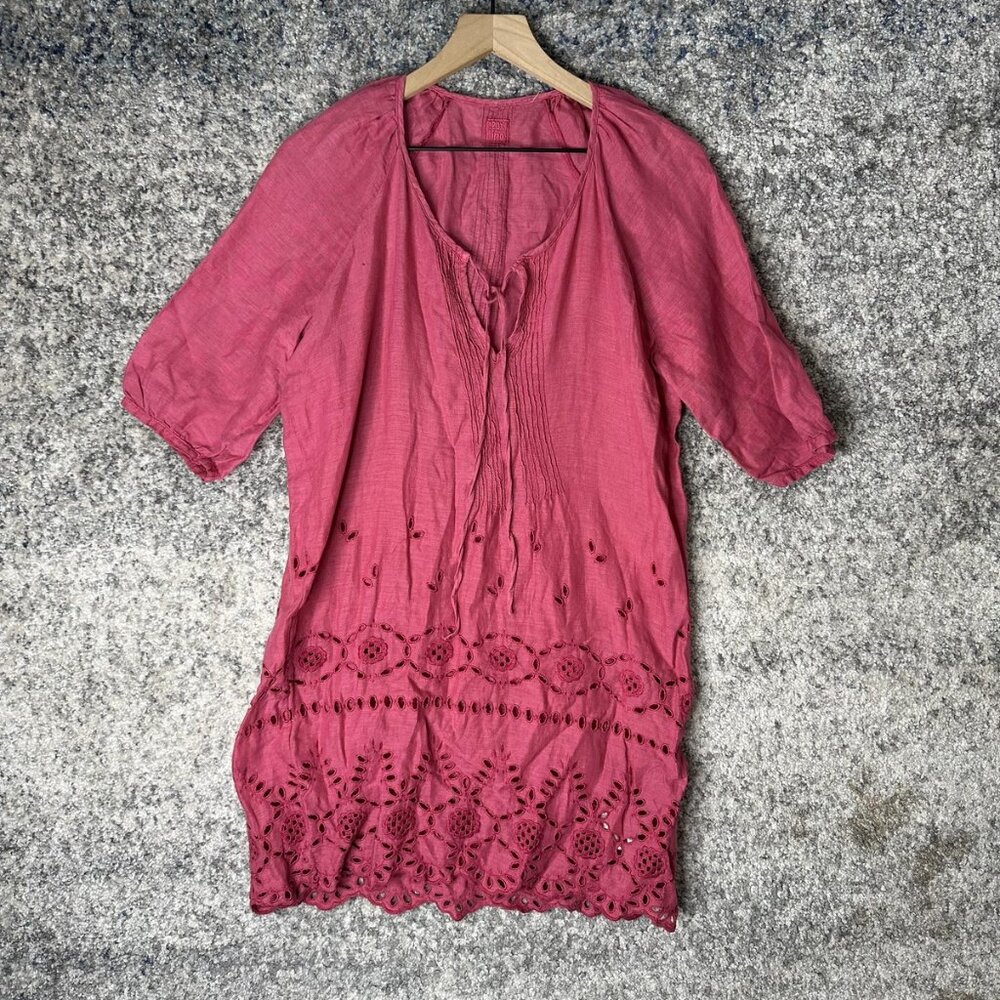 120% Lino Tunic Blouse Womens 42 Pink 100% Linen‎ Eyelet Scalloped Boho Hem